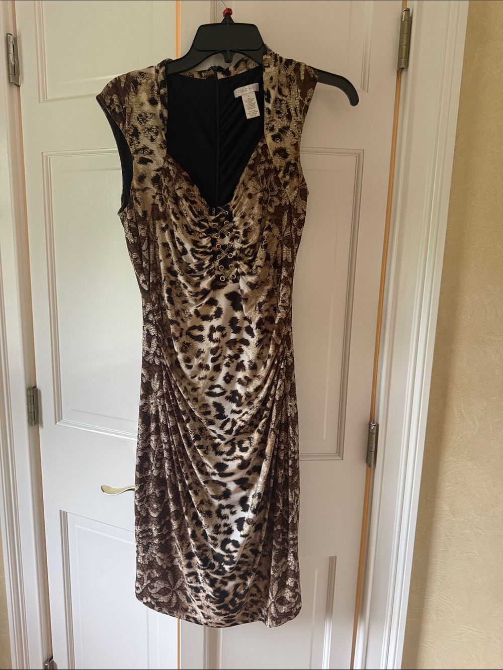 Cache Leopard-Print Sleeveless Midi Dress in Brown and Black